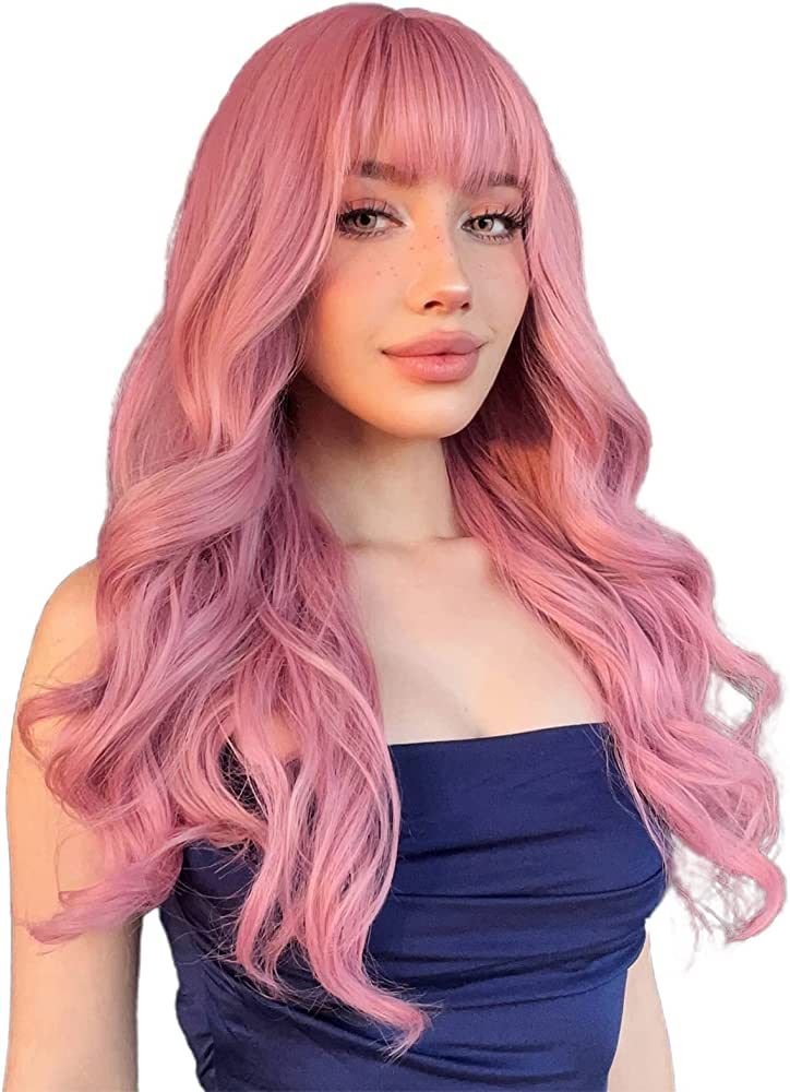 N NAYASA Pink Wigs with Bangs Long Wavy Pink Wigs for Women Synthetic Natural Wavy Wig Heat Resis... | Amazon (US)