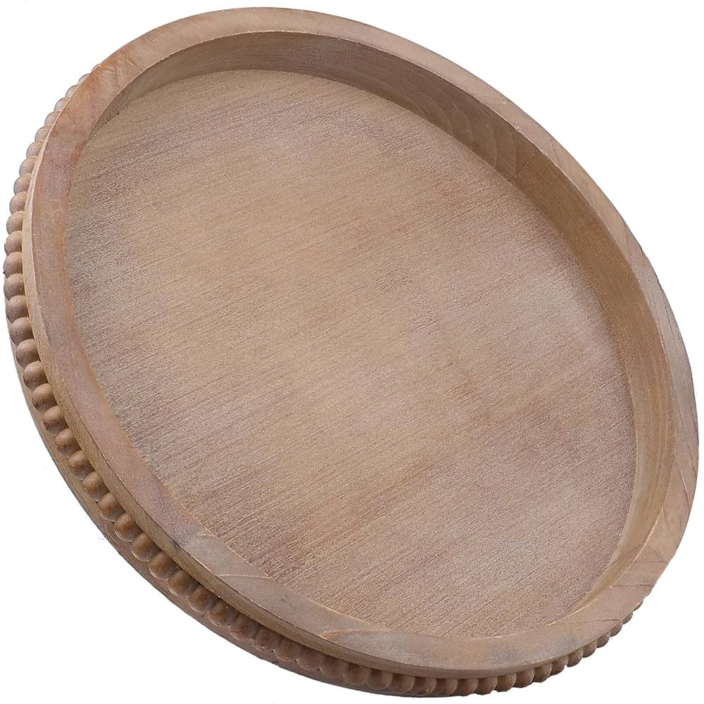 Wood Decorative Serving Tray with Bead, Round Vintage Wooden Ottoman Tray for Home Centerpiece, C... | Amazon (US)