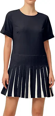 Women's Pleated Short Sleeve Mini Dress Crewneck Loose Fit Flowy Swing Short Dress | Amazon (US)
