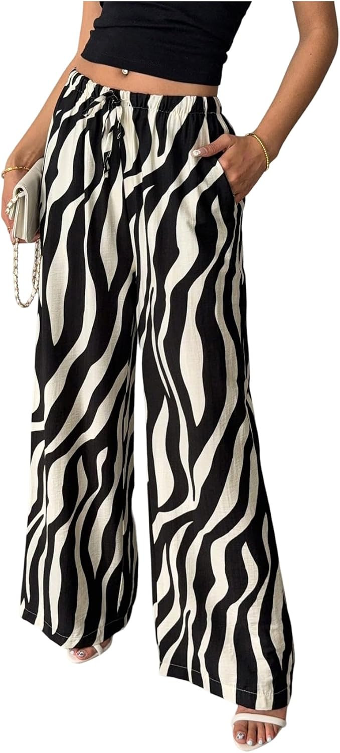 GORGLITTER Women's Zebra Print Wide Leg Linen Pants Boho Low Rise Trousers | Amazon (US)
