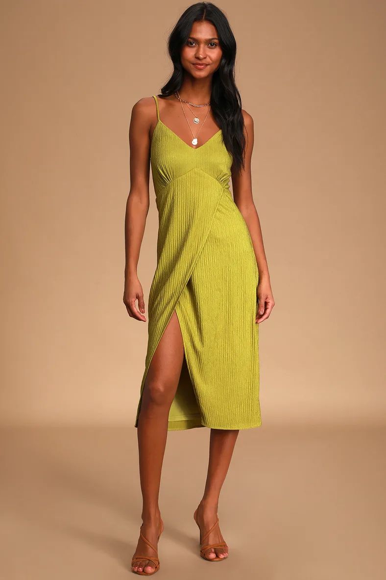 View and I Chartreuse Tie-Back Faux-Wrap Midi Dress | Lulus (US)
