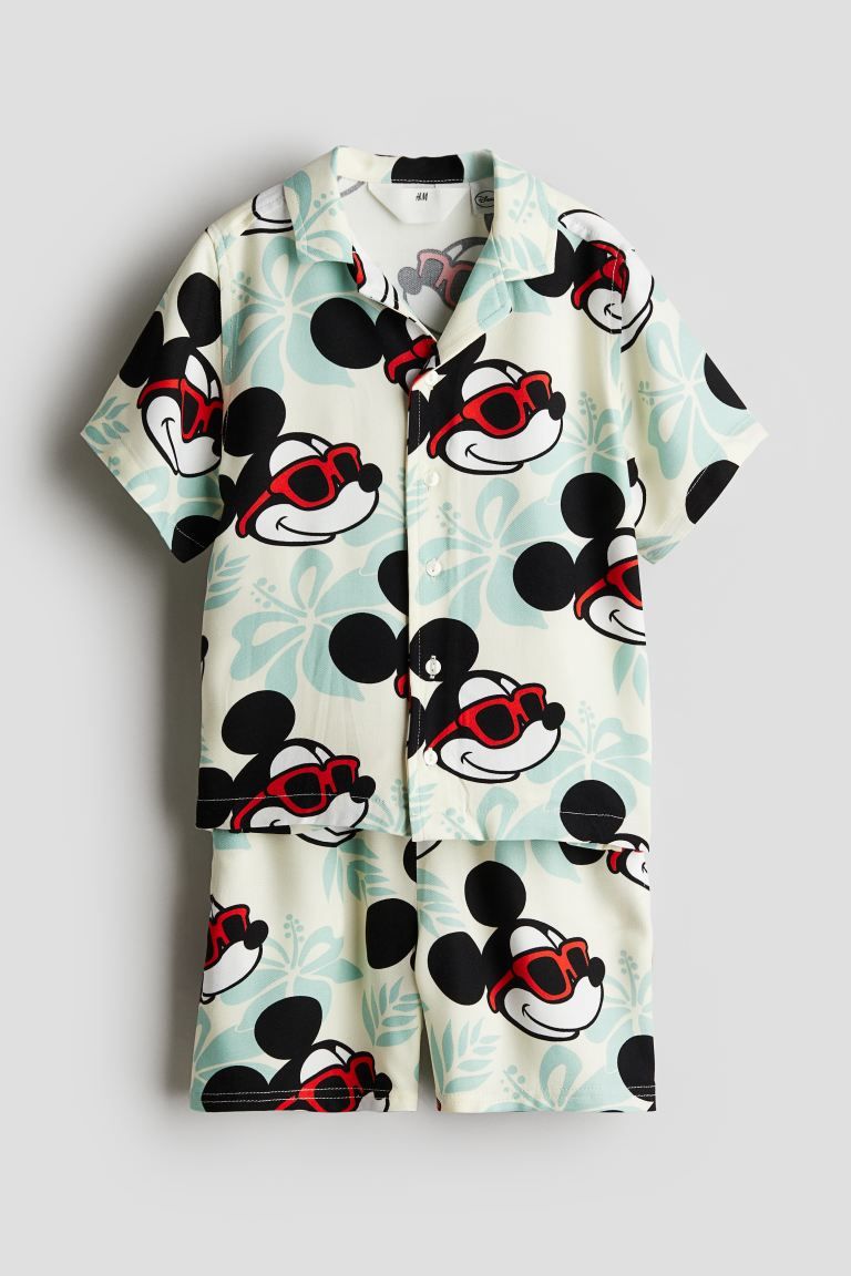 2-piece Printed Set - V-neck - Short sleeve - Pale yellow/Mickey Mouse - Kids | H&M US | H&M (US + CA)