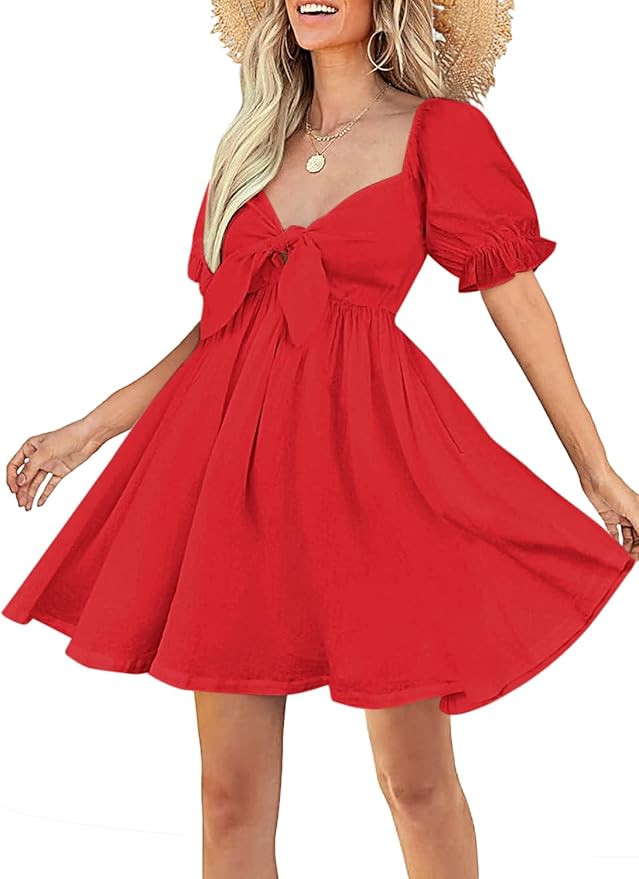 Kikula Women's Baby Doll Dress Tie Front Smocked Back A-line Puff Sleeve Mini Dresses | Amazon (US)