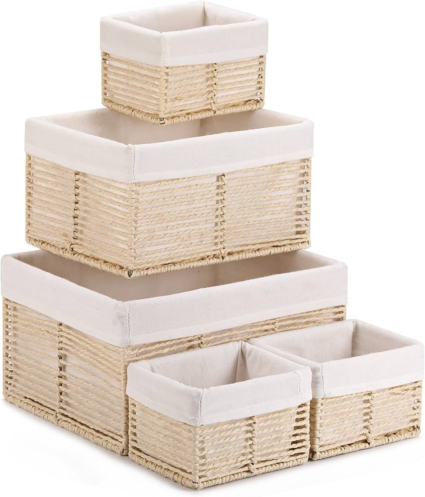 Vagusicc Wicker Storage Basket, Hand-Woven Paper Rope Wicker Baskets, Rectangular Small Wicker Ba... | Amazon (US)