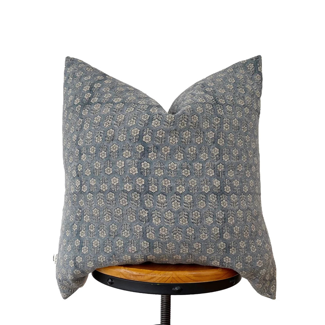 Hand Block Print Pillow Cover Antique Blue and Natural Floral - Etsy | Etsy (US)