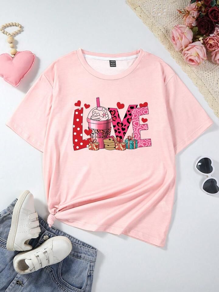 Women Letter Heart Valentine's Day Printed Short Sleeve T-Shirt Mommy And Me Matching Outfits(2 P... | SHEIN
