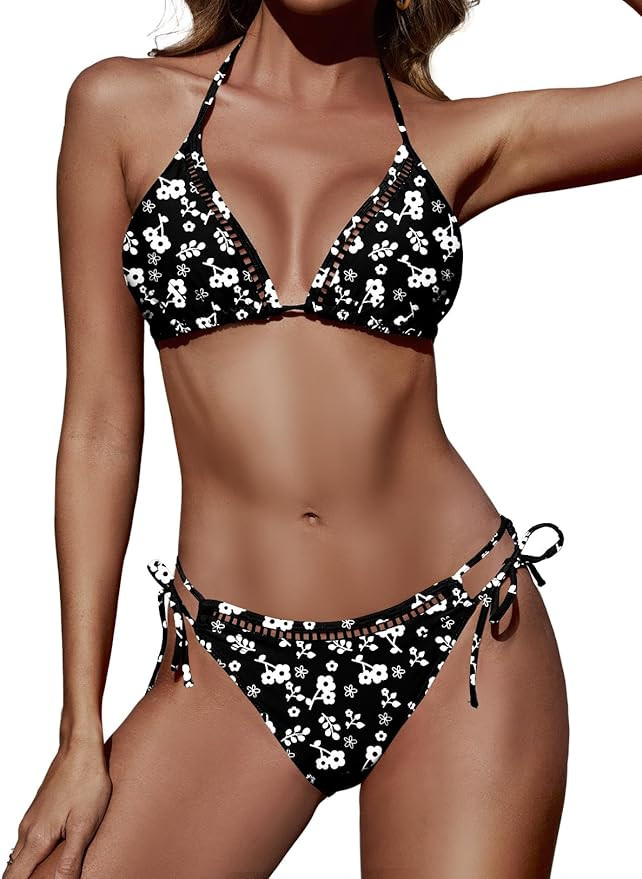 Women Two Piece Swimsuit Halter Triangle Hollow Out Bathing Suits Cheeky String Bikini Sets | Amazon (US)