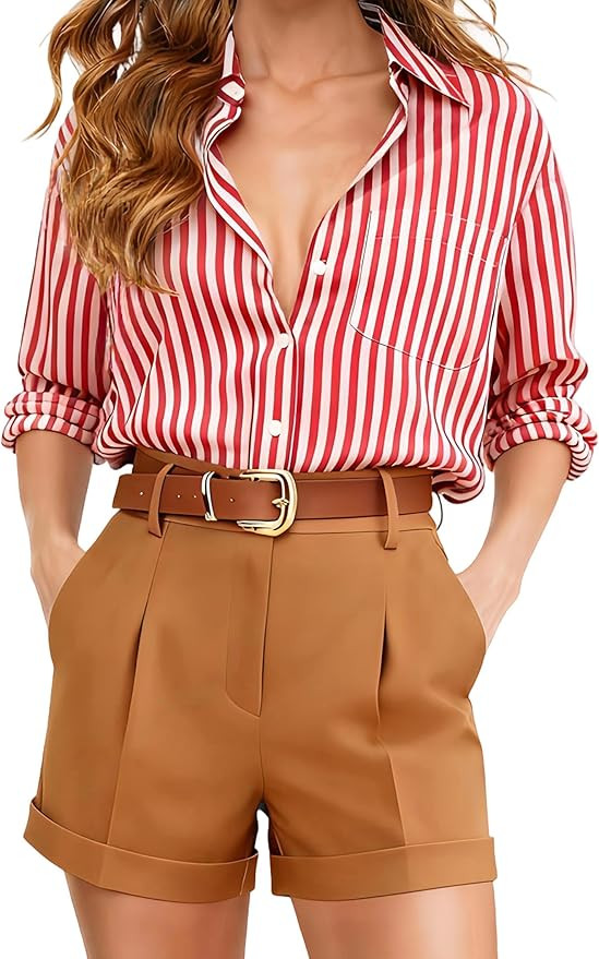 Button Down Shirts for Women Striped Long Sleeve Wrinkle Resistant Blouses Super Soft Collared Bu... | Amazon (US)