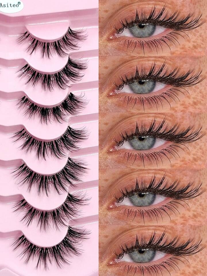 Asiteo Asiteo Fluffy False Eyelashes 7 Pairs Natural Wispy Lashes Transparent Band Faux Mink Lash... | SHEIN