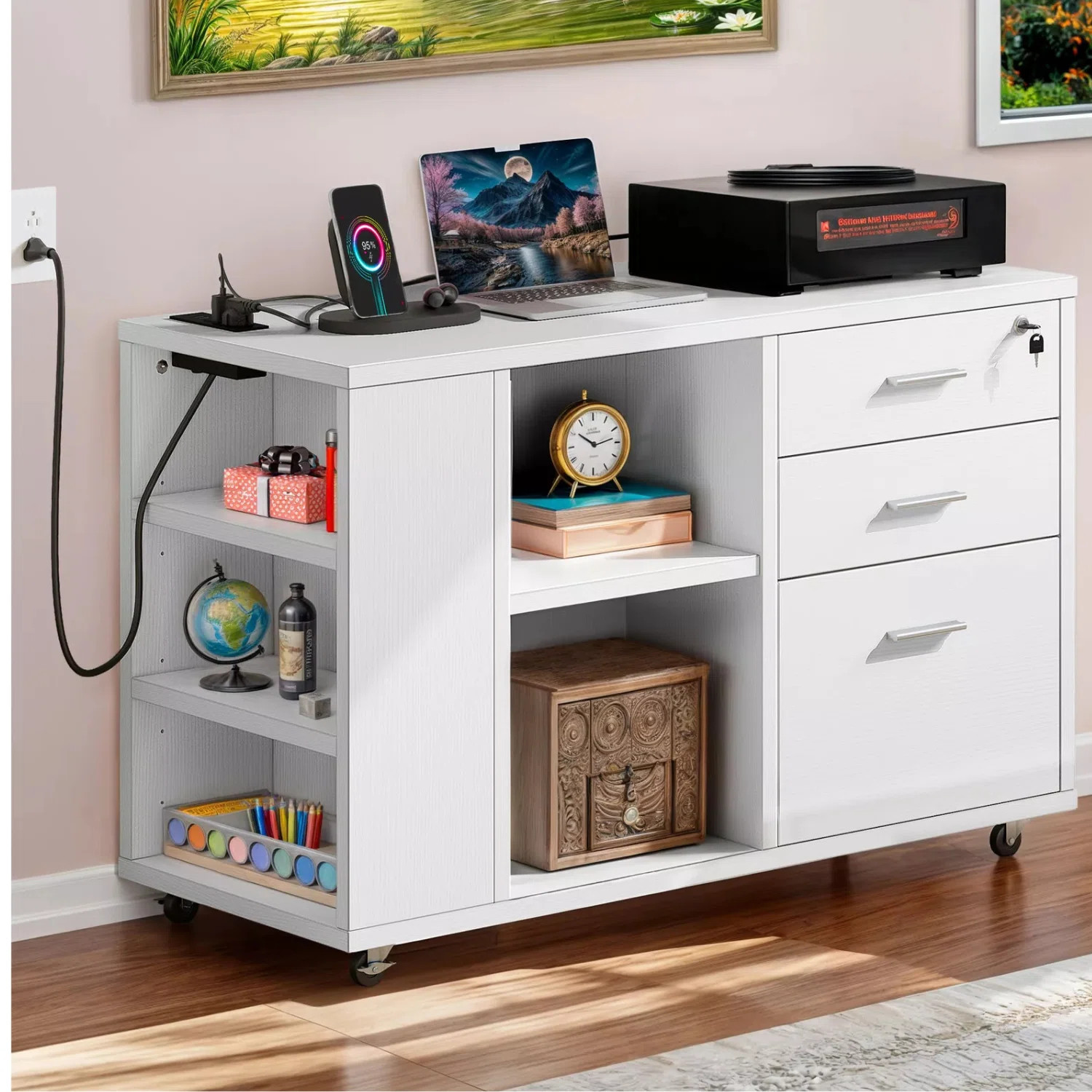 Ardeha 39" W 3-Tiers Wood Storage File Cabinet with 3 Drawers &3 Side Storage Shelve &Built-In Ou... | Wayfair North America