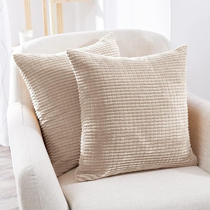 Deconovo Throw Pillow Covers Corduroy 18x18 Inch Cream Stripe Pattern Square Soft Cushion Covers ... | Amazon (US)