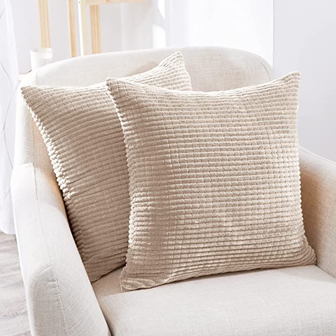 Deconovo Throw Pillow Cover in Bright White, 18x18 Inch, Corduroy Square Cushion Cover with Strip... | Amazon (US)