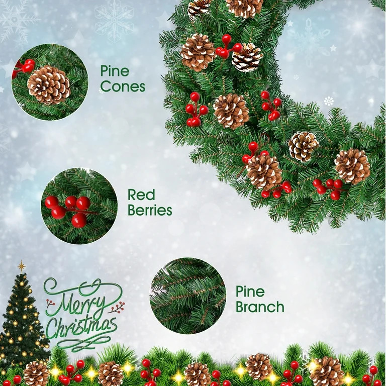 Melliful 9 ft Christmas Garland with Red Berries and White Pine Cones, Artificial Christmas Garla... | Walmart (US)