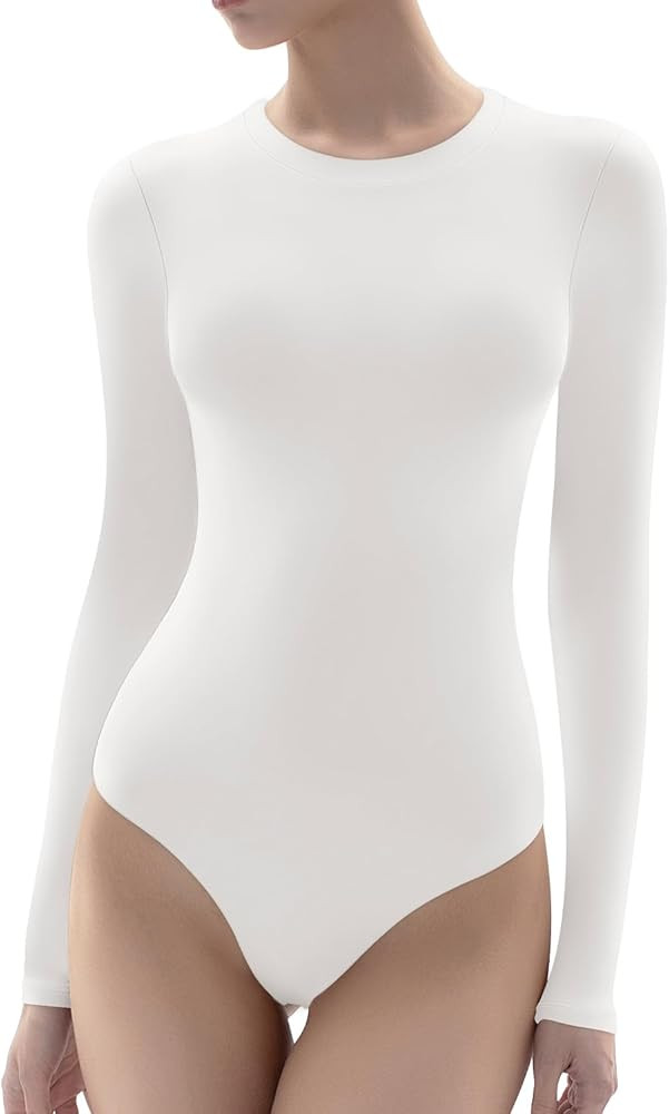 UEU Women’s Crew Neck Long Sleeve Bodysuit Stretchy Slim Fit T Shirt Double Layer Sexy Thong Bo... | Amazon (US)