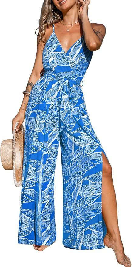 CUPSHE Women's Jumpsuits Floral Tropical Wide Leg Jumpsuit Sleeveless Overall V Neck Outfit Casua... | Amazon (US)