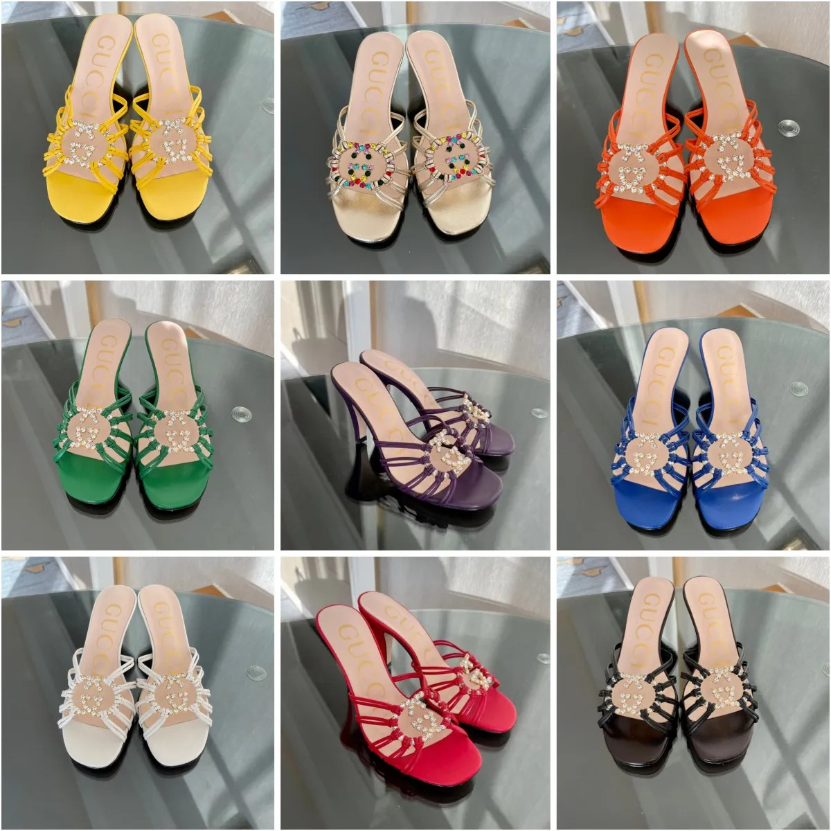 Gu-cci dupe sandal 9cm heel lether crystal GG round logo cross line style straps slipper beach sh... | DHGate