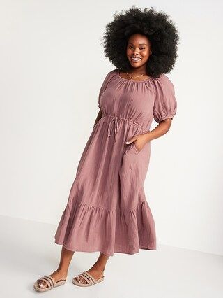 Puff-Sleeve Scoop-Neck Waist-Defined Midi Dress for Women | Old Navy (US)