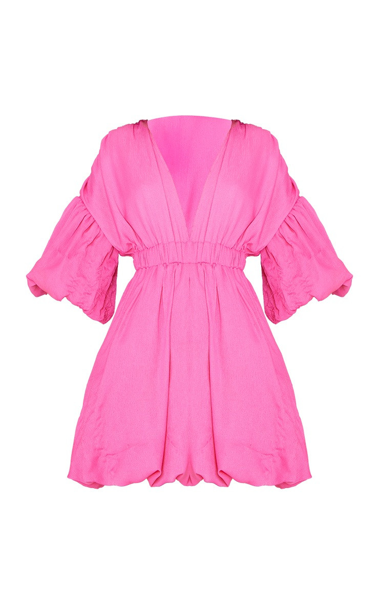 Hot Pink Puff Sleeve Puffball Hem Shift Dress | PrettyLittleThing US