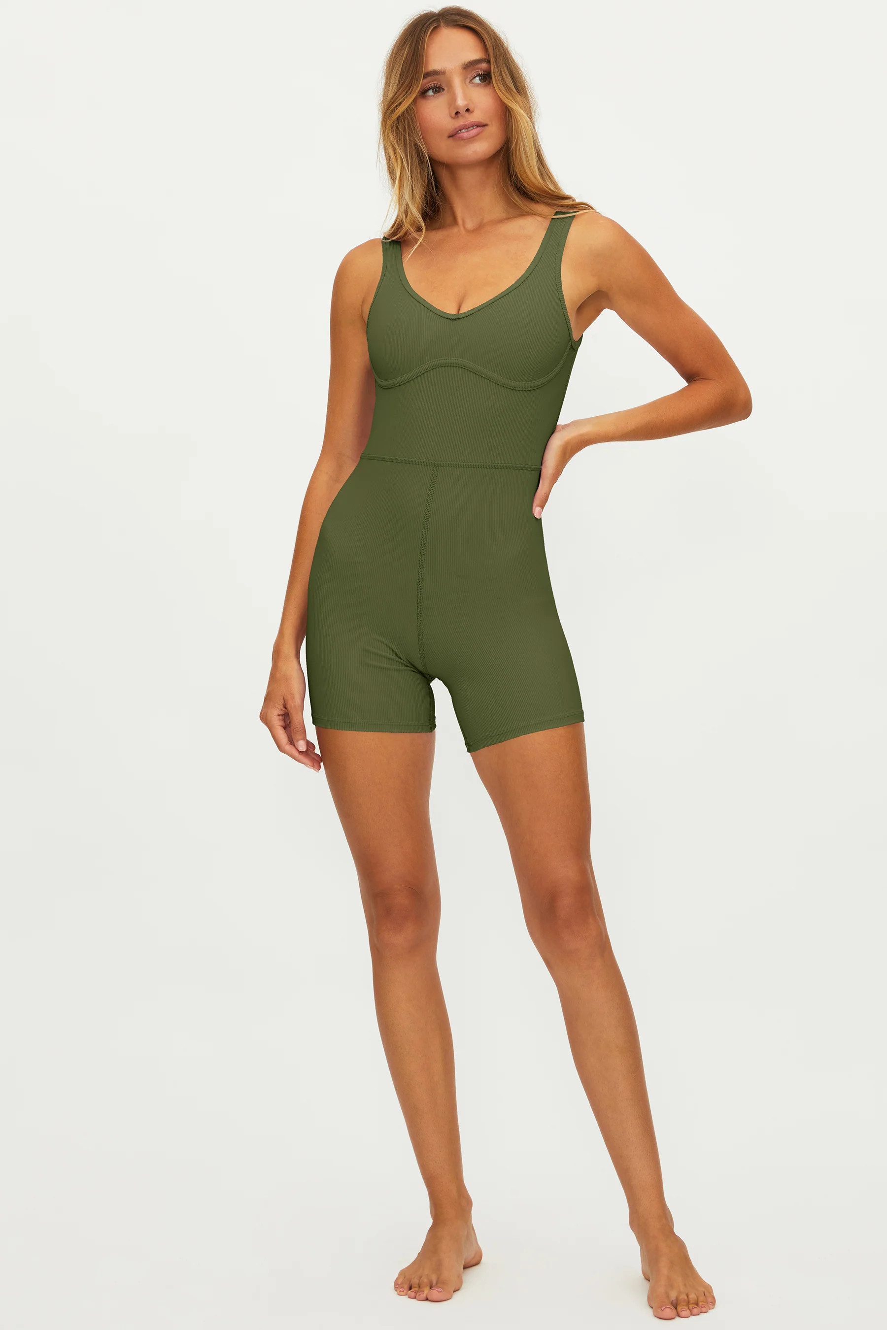Jada Onesie Olive Grove | Olive Green Ribbed Active Romper | Beach Riot | Beach Riot