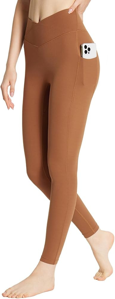BALEAF Women's Leggings with Pockets 25" V Cross Waist Workout Leggings Tummy Control Yoga Ankle ... | Amazon (US)