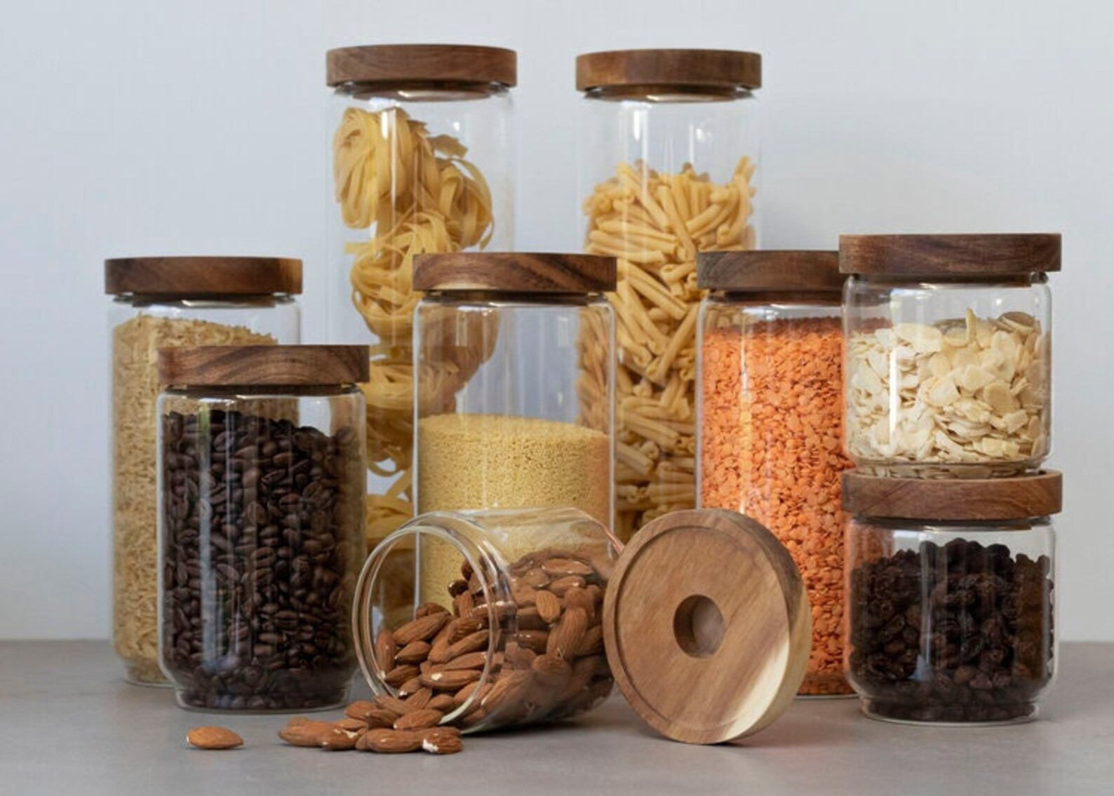 Round Glass Jar with Acacia Wood Lid | Pasta Rice Snacks Pantry | Kitchen Food Storage | Homeware... | Etsy (UK)