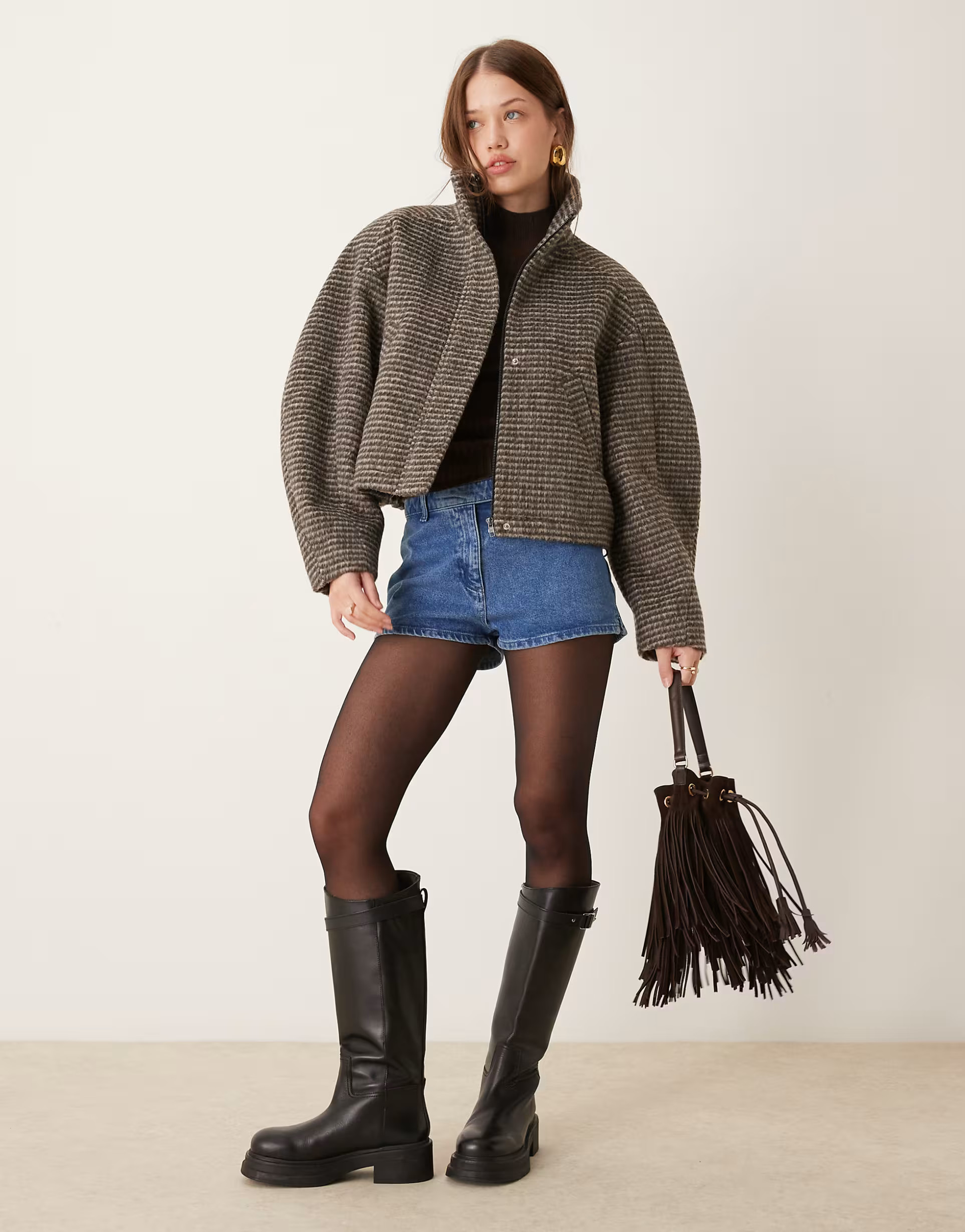 ASOS DESIGN funnel neck formal bomber jacket in check | ASOS (Global)