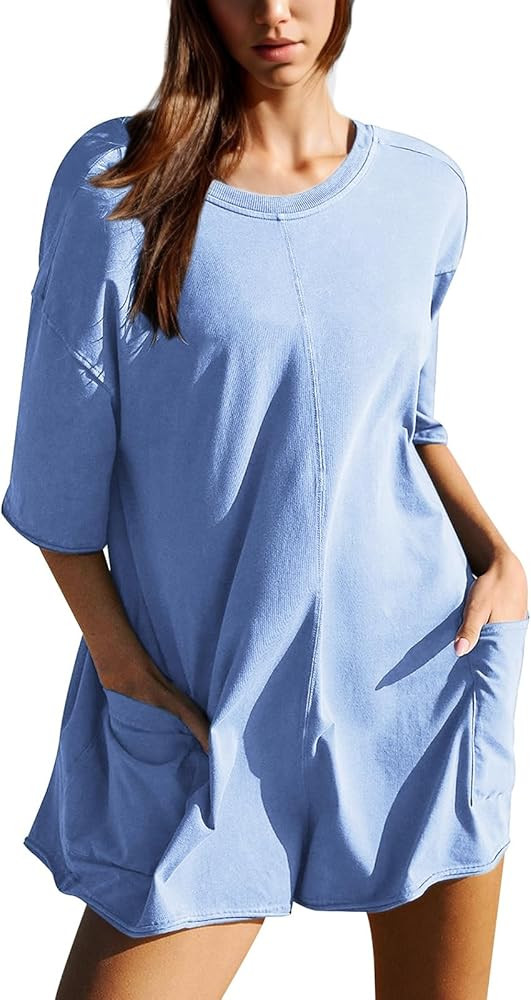 Dokuritu Rompers for Women Short Sleeve Round Neck Summer Athletic Romper Oversized Back V Neck O... | Amazon (US)