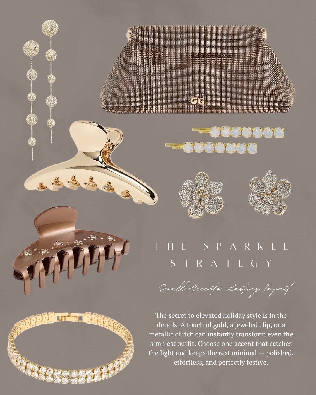 I found the prettiest and sparkly accessories that are perfect for a holiday prep elevated party look! These are pieces that can be added to a more casual look and instantly dress it up! This clutch bag, hair clips, earrings, and bracelet are all perfect for this season of holiday outfits. 

Secondly I have a capsule wardrobe for effortless holiday style. All of these pieces can be worn with so many other pieces for an elevated holiday outfit. All pieces are linked ⬆️

#ltkcreator #ltkfinds #ltkwatchnow #ltkstyletip #revolve #accessories #clutch #handbag #hairclips #jewelry #capsulewardrobe 

#LTKSeasonal #LTKHoliday #LTKFindsUnder100
