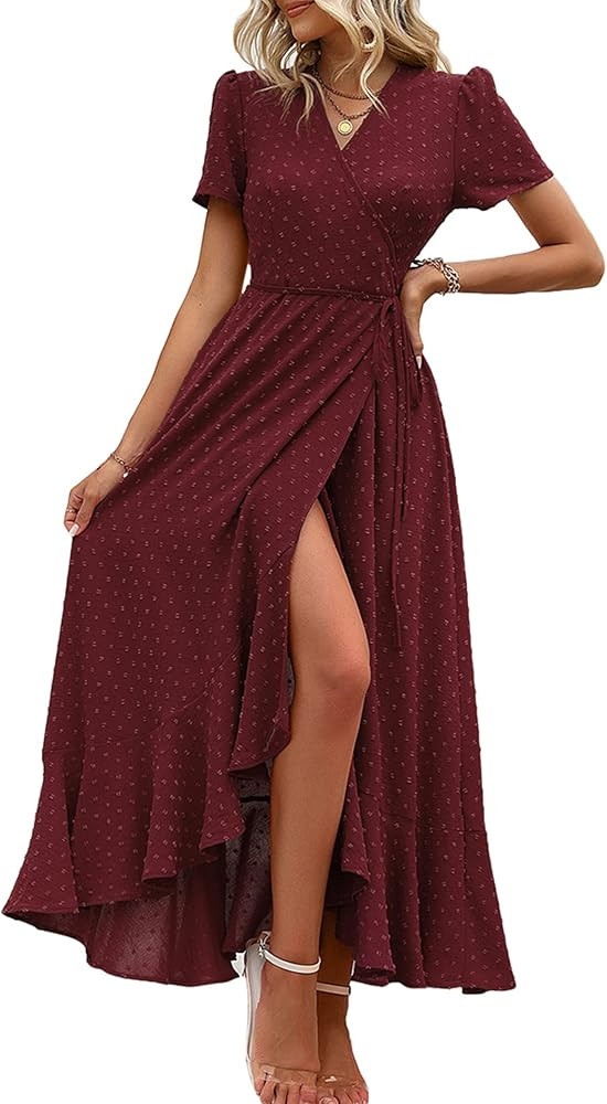 PRETTYGARDEN Women's Summer Maxi Dress Casual Wrap Floral Boho Short Sleeve V Neck Split Ruffle B... | Amazon (US)