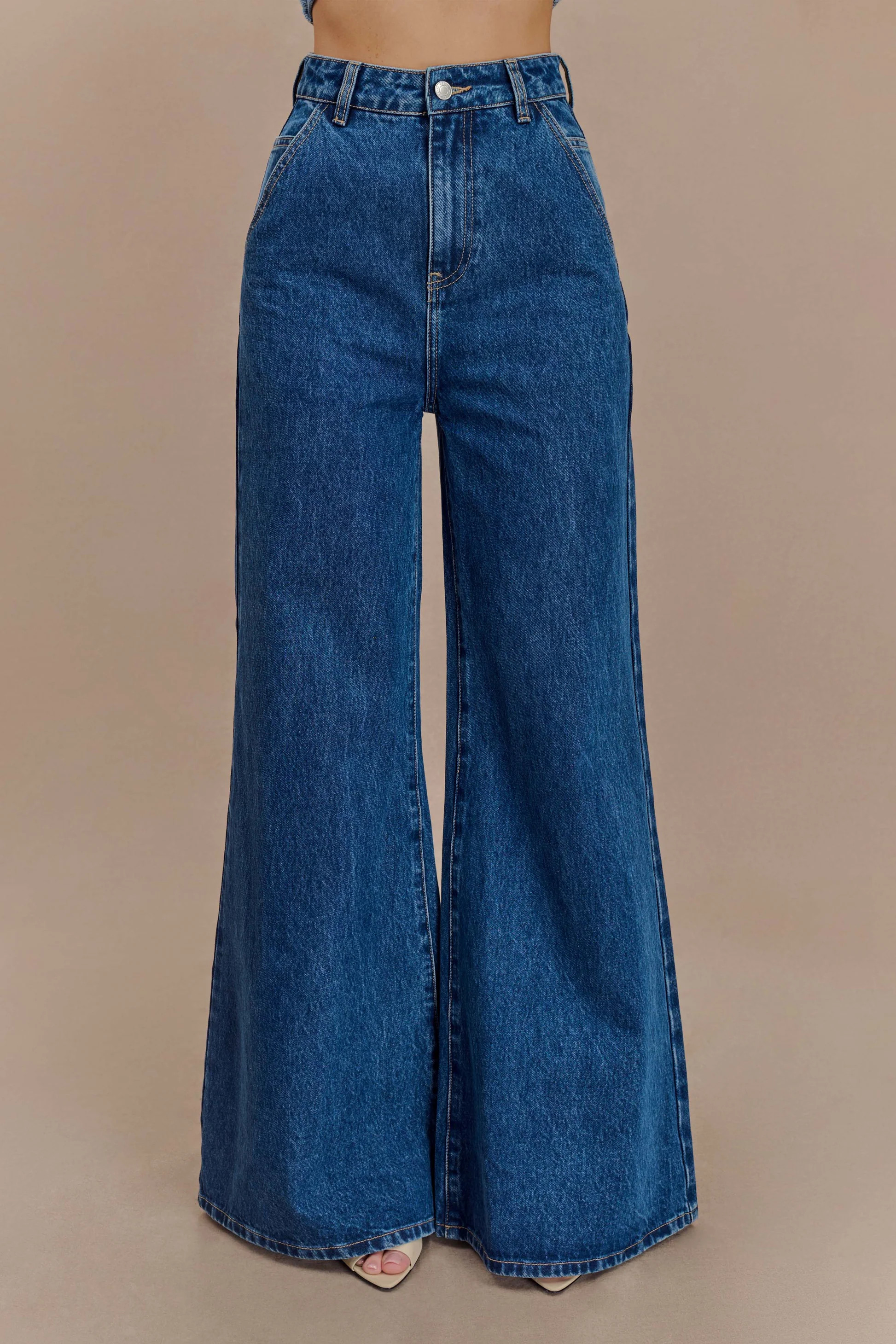 Wide Leg Flare Denim Jeans - Dark Blue | MESHKI US