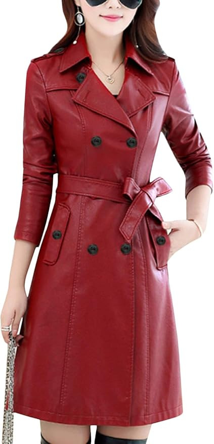 Tanming Womens Fashion Lapel Double Breasted Lambskin Leather Mid Long Jacket Coat | Amazon (US)