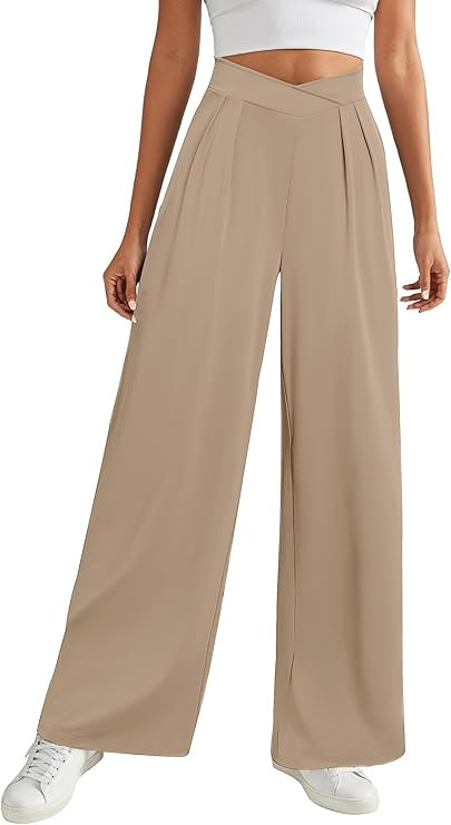 FireSwan Womens Wide Leg Work Pants Crossover Pleated Front Casual Slacks Flowy Palazzo Trousers ... | Amazon (US)