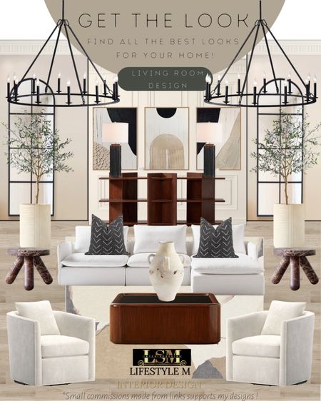 Sophisticated living room design idea. White swivel accent chair, white sectional sofa, black throw pillows, modern brown coffee table, modern brown end table, brown wood console table, ceramic vase,
Black table lamp, wall art, wheel chandelier light, white ceramic tree planter pot, faux fake tree, living room rug. 

#LTKhome #LTKFind #LTKstyletip