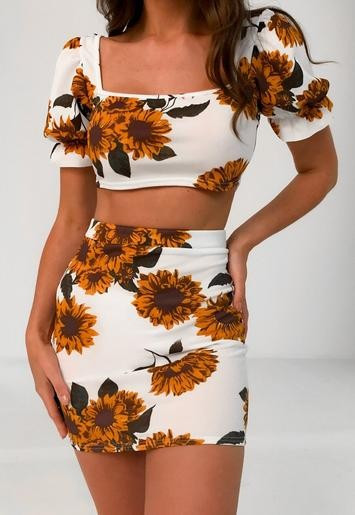 White Floral Milkmaid Top And Mini Skirt Co Ord Set | Missguided (US & CA)