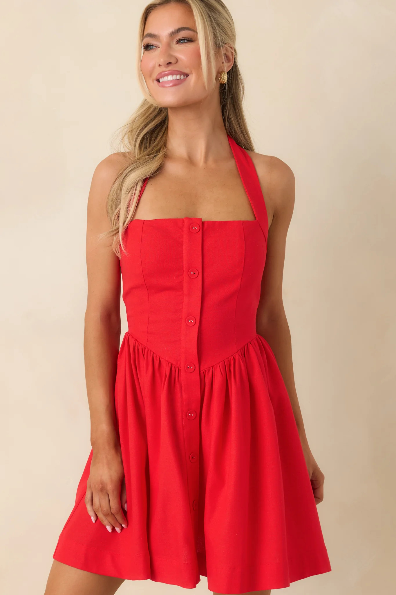 Turning Heads Red Button Down Halter Mini Dress | Red Dress