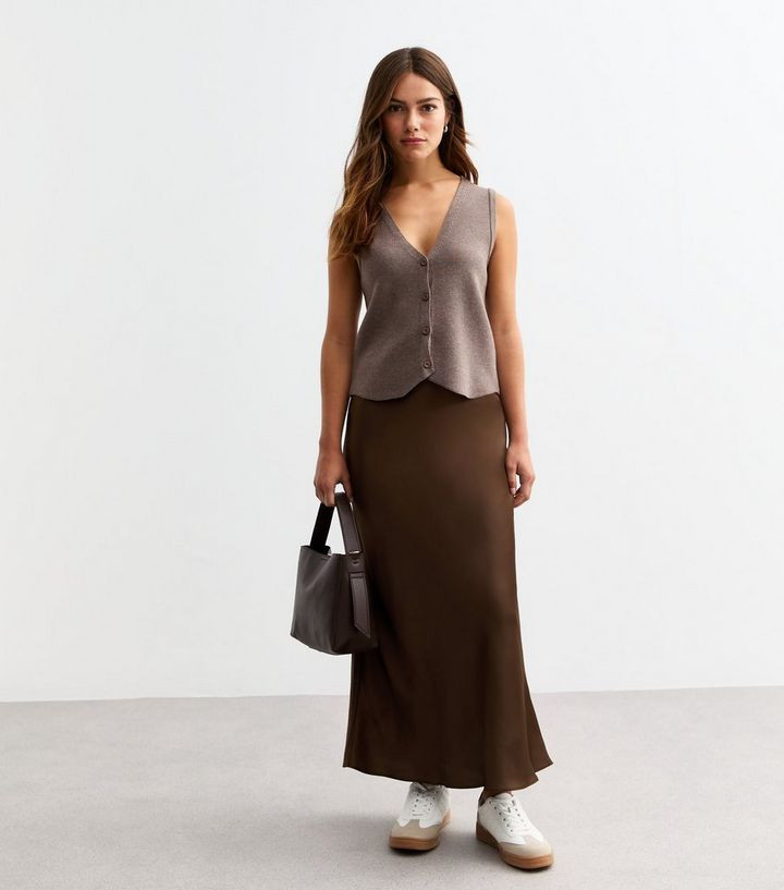 Petite Brown Satin Midi Skirt | New Look | New Look (UK)