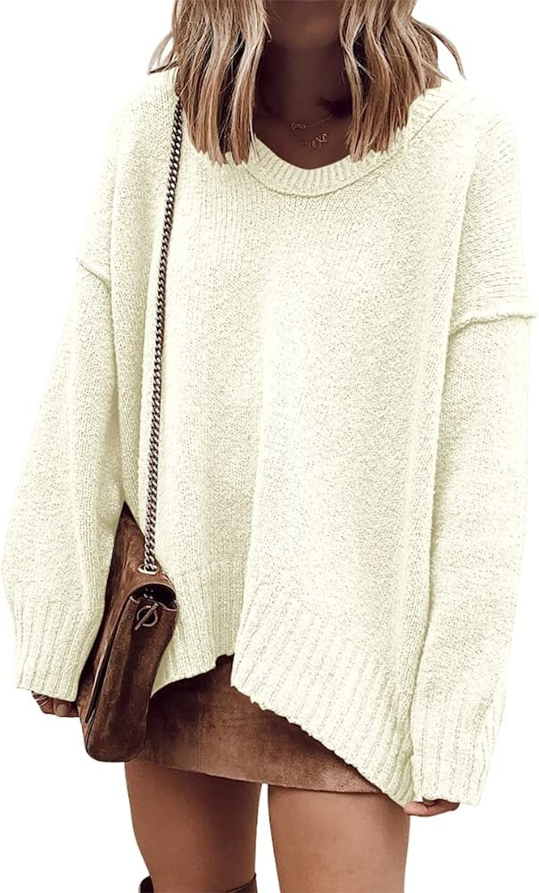 Prinbara Women's Oversized Long Sleeve V Neck Off The Shoulder Baggy Comfy Knit Pullover Sweaters | Amazon (US)