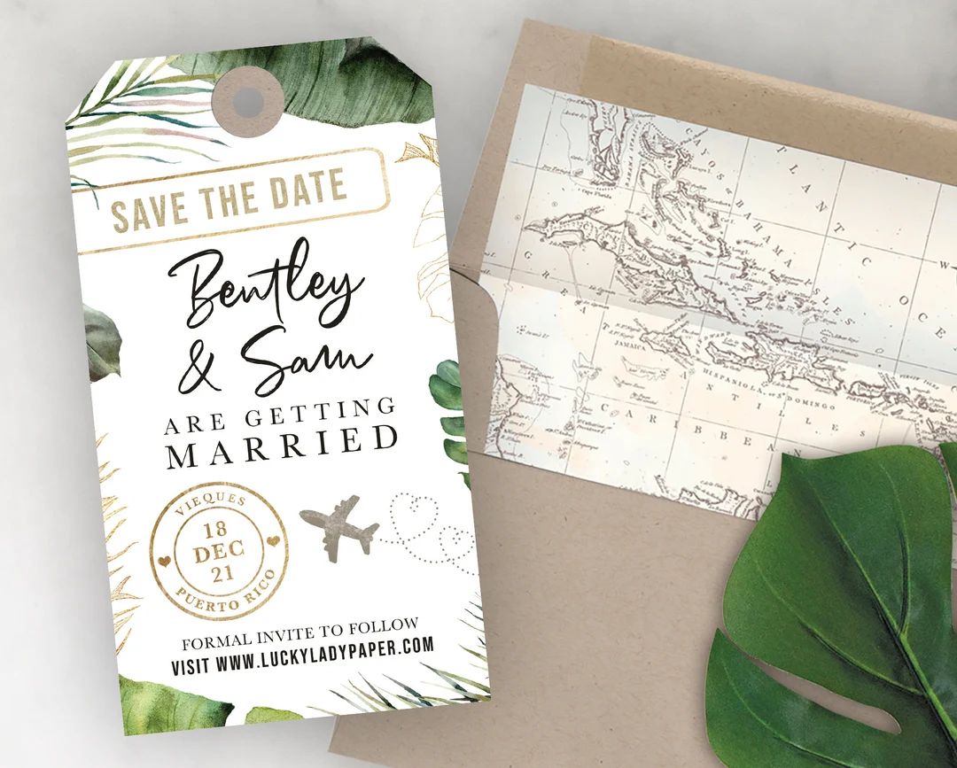 Luggage Tag Shaped Save the Date Destination Wedding Save the Date Invitation Tropical Greenery P... | Etsy (US)