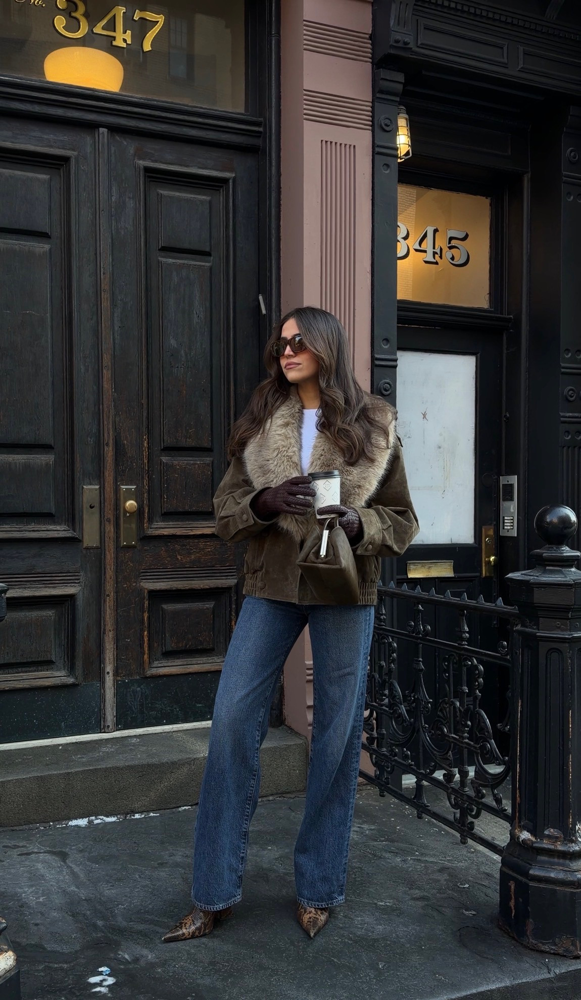 Cold mornings + warm layers 🤎 Zara suede faux fur leather jacket, wide leg jeans, booties & suede bag. 

 #LTKgrwm #LTKootd #LTKSeasonal