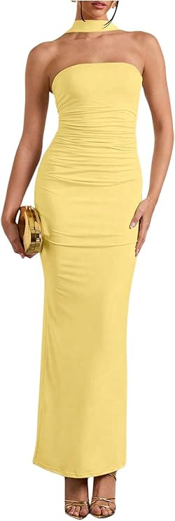 Milumia Women's Halter Neck Ruched Strapless Sleeveless Tube Bodycon Maxi Dresses | Amazon (US)