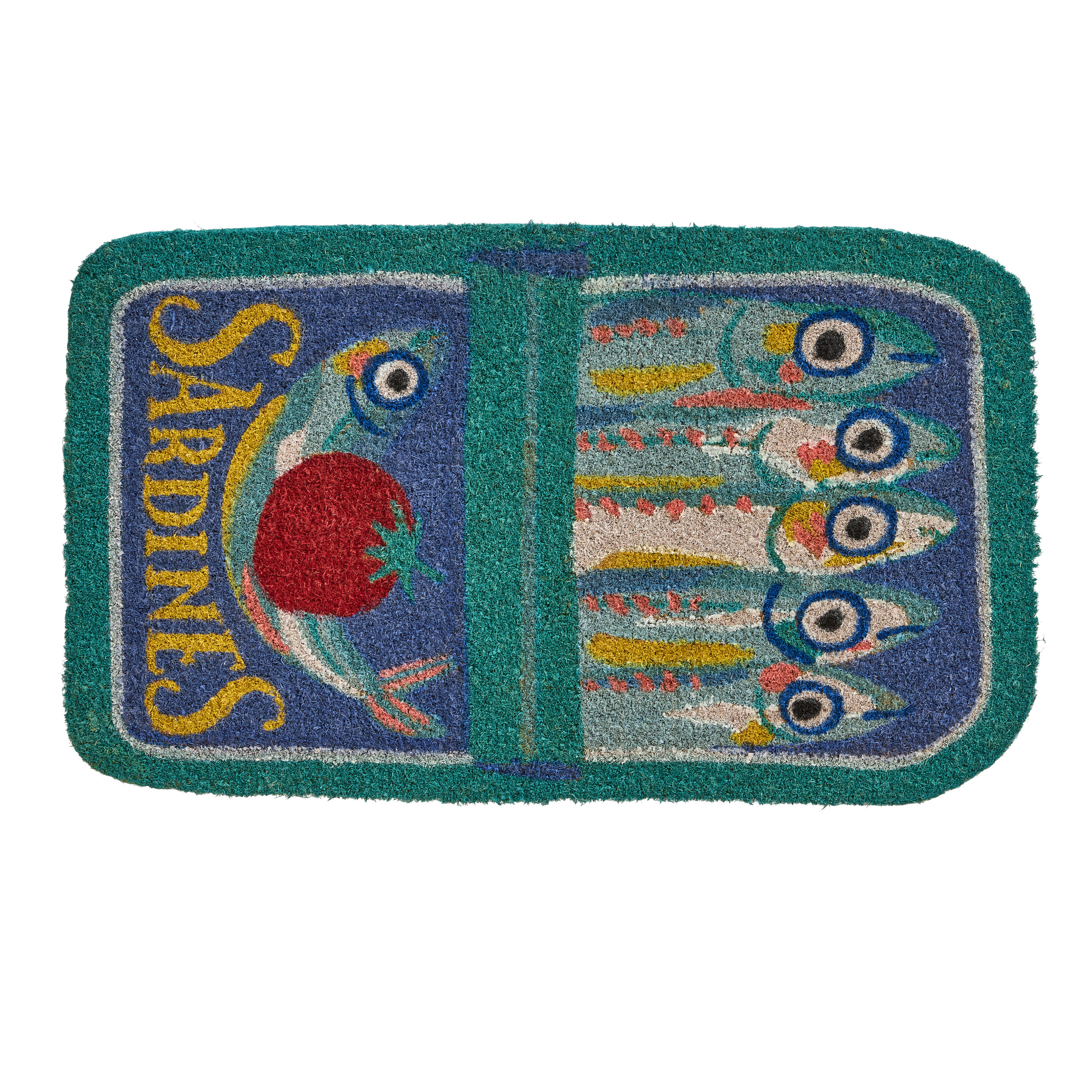 Blue and Aqua Tinned Sardines Hand Tufted Coir Doormat | World Market