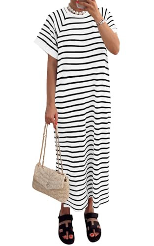 PRETTYGARDEN Women's Summer Casual T Shirt Dresses Short Sleeve Striped Slit Maxi Dress Color Blo... | Amazon (US)