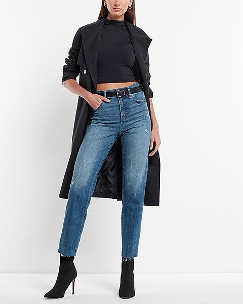 High Waisted Medium Wash Raw Hem Straight Ankle Jeans | Express