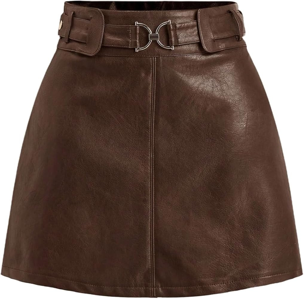 Verdusa Women's Western PU Leather Mini Skirt Buckle Belted A Line Skirts Retro Festival Outfits | Amazon (US)