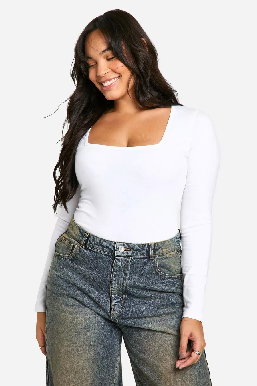 Boohoo Basics Plus Cotton Square Neck Long Sleeve Bodysuit | boohoo (US & Canada)