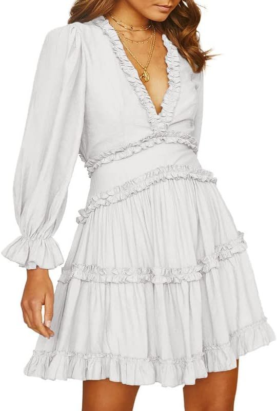 Dokotoo Womens 2024 Summer Spring Deep V Neck Ruffle Long Sleeve Open Back Flowy Mini Dress | Amazon (US)
