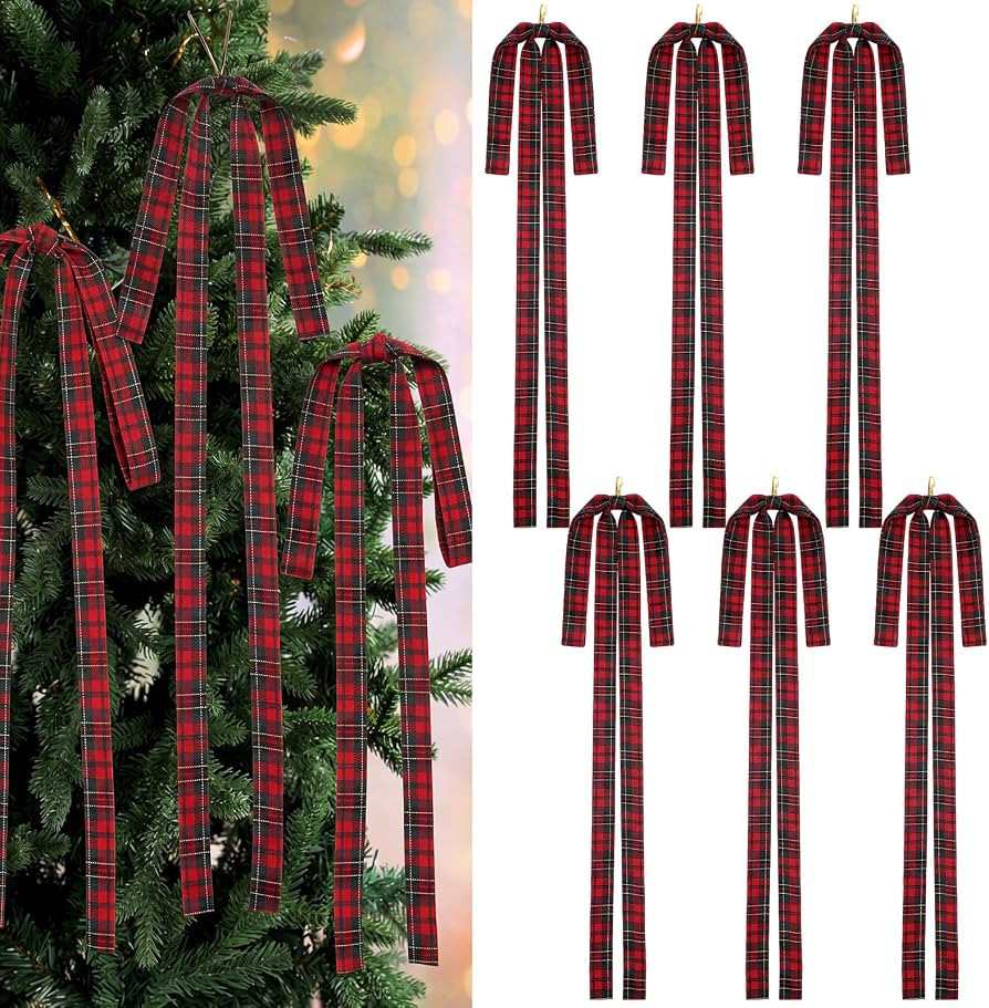 Thiccywoov 6 Pcs Red Tartan Ribbon Bows, Large Plaid Christmas Ornament | Amazon (US)