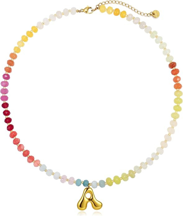 Badu Initial A-Z Colorful Beaded Gemstone Necklaces for Women 14K Gold Letter Pendant Necklace Na... | Amazon (US)
