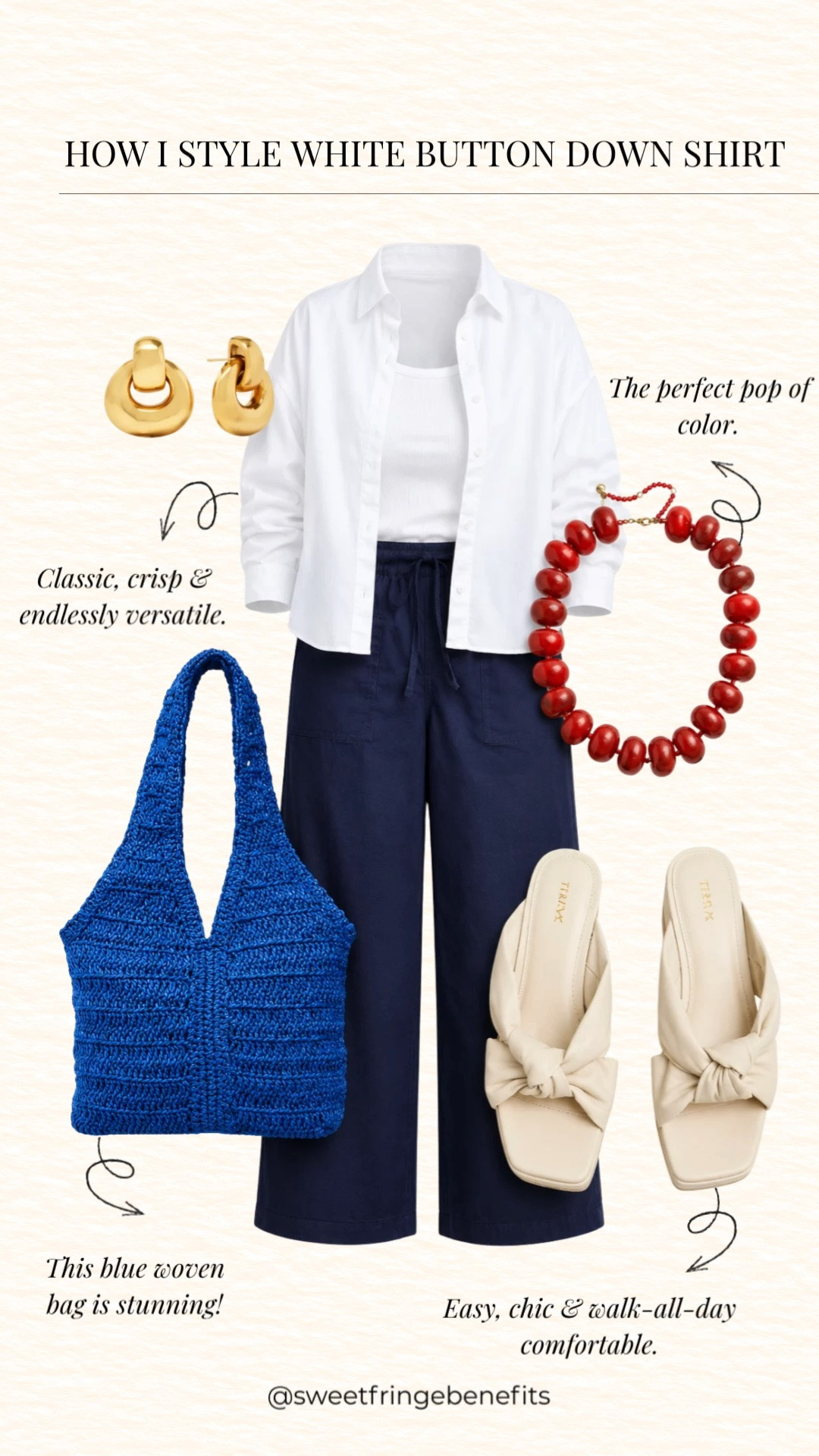 A classic white button-down is one of the hardest-working pieces in my wardrobe! It layers beautifully over a tank and instantly creates a polished, effortless look. I paired it with navy cropped pants, a woven tote, and comfy bow slides, then added a bold red bracelet for the perfect pop of color.

💡 LTK MADE EASY

❤️ Heart = Support my posts
🔖 Save = Get sale & restock alerts
📋 Lists = Keep favorites organized
📲 Share = Send to yourself for later
💬 Comment = Ask me anything

#LTKootd #LTKstorytime #LTKSeasonal