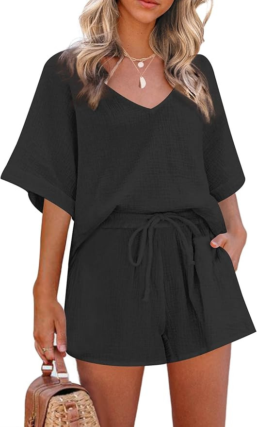 Zeagoo Women's 2 Piece Cotton Linen Tracksuit Short Sleeve Casual Shorts Set V Neck Beach Outfits | Amazon (US)